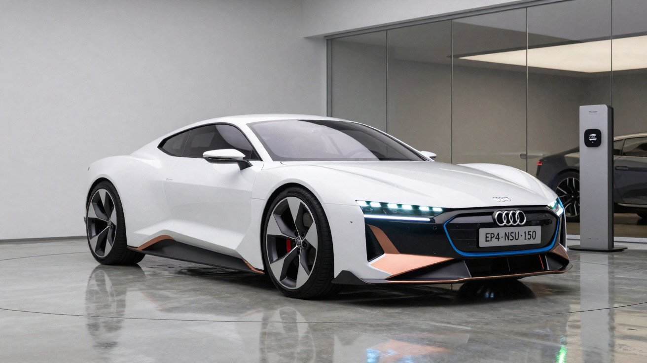 Carro elétrico esportivo branco Audi estacionado em ambiente interno moderno com estação de recarga ao fundo.