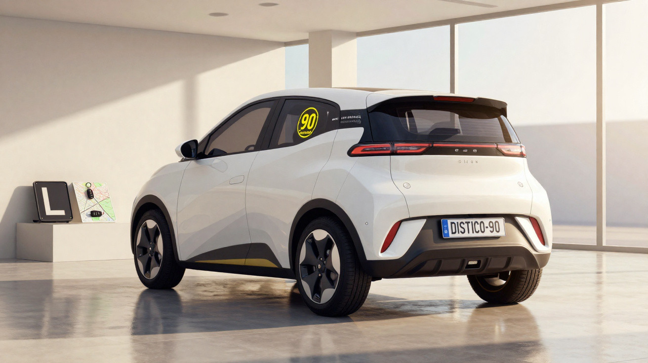 Carro elétrico branco estacionado em ambiente interno com sinal de aprendizagem ao lado.