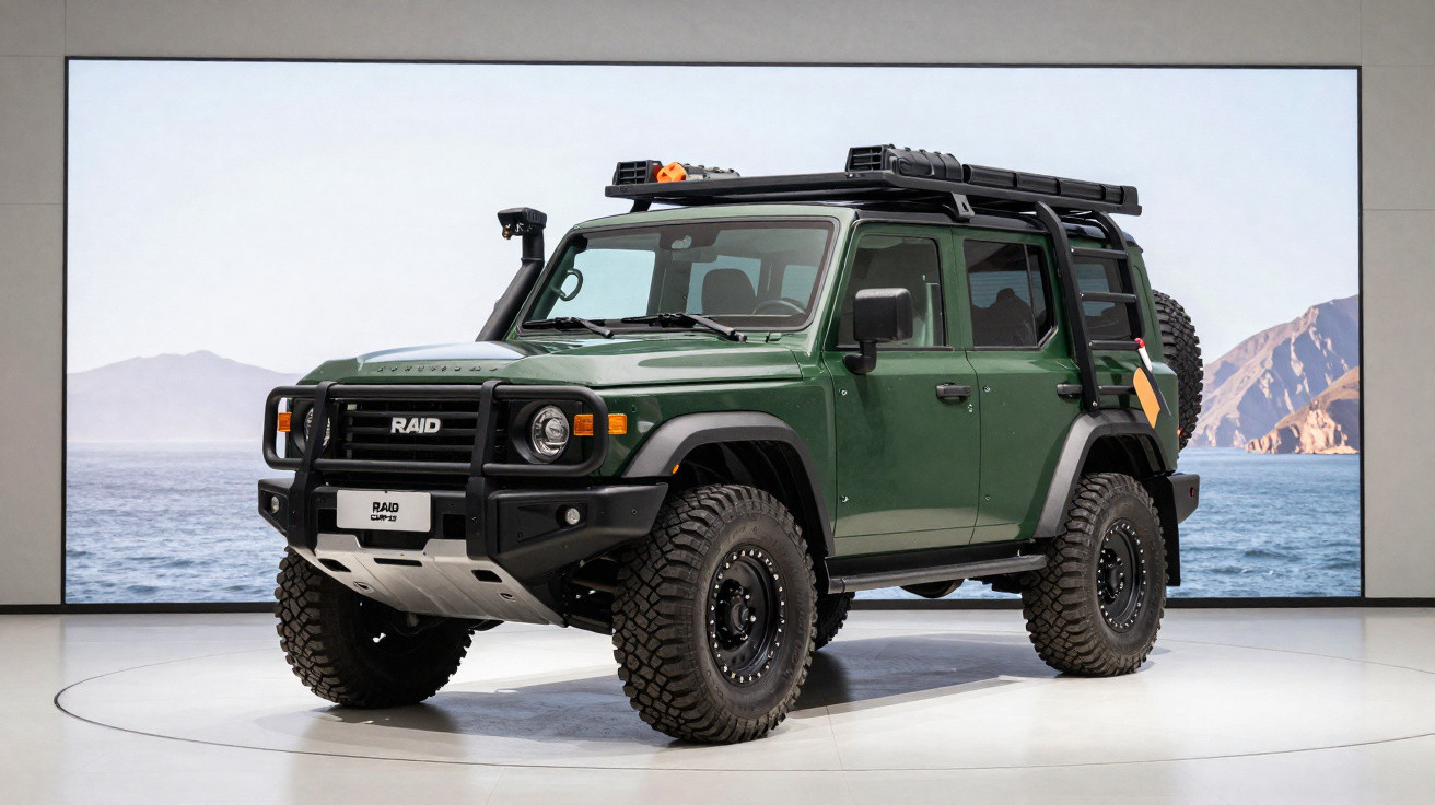 Veículo SUV verde off-road com pneus robustos e acessórios para aventura exposto em galeria moderna.