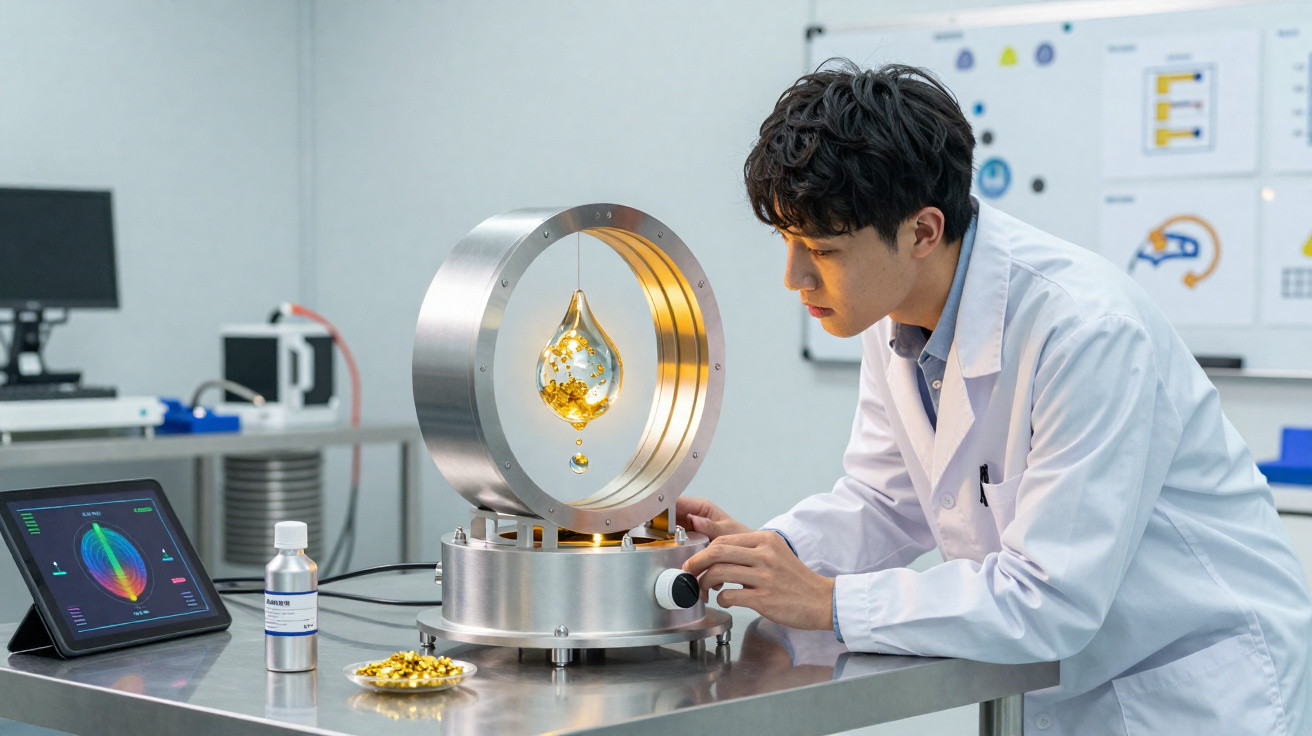 Cientista usando jaleco ajusta equipamento científico com gota suspensa em laboratório.