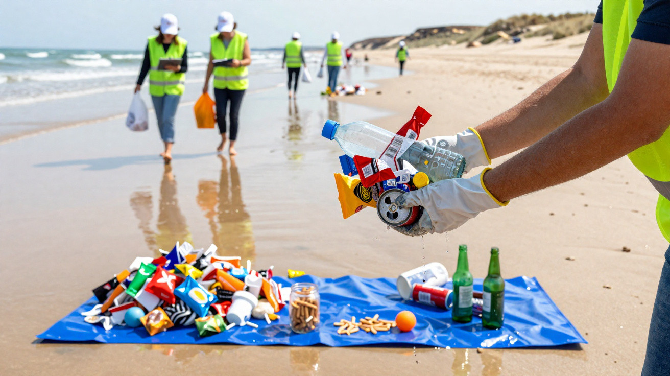 Pessoas com coletes refletores e luvas coletam lixo plástico e recicláveis na praia durante limpeza ambiental.