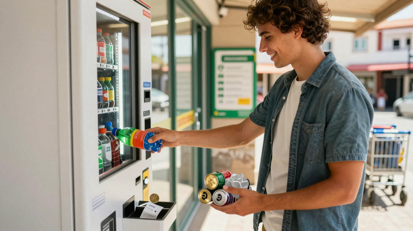 Homem sorridente depositando garrafa plástica colorida em máquina de reciclagem com latas na mão.