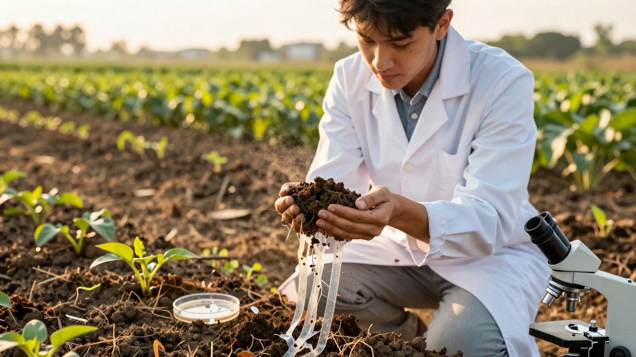 Cientista com jaleco analisa amostra de solo em plantação com folhagem verde e microscópio ao lado.