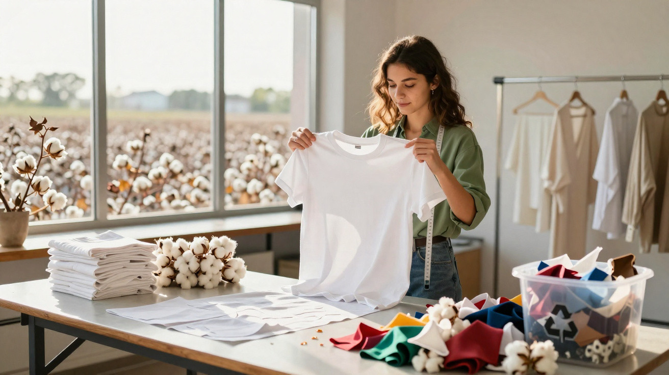 Jovem mulher segura camiseta branca em oficina de moda com tecidos coloridos, plantas de algodão ao fundo.