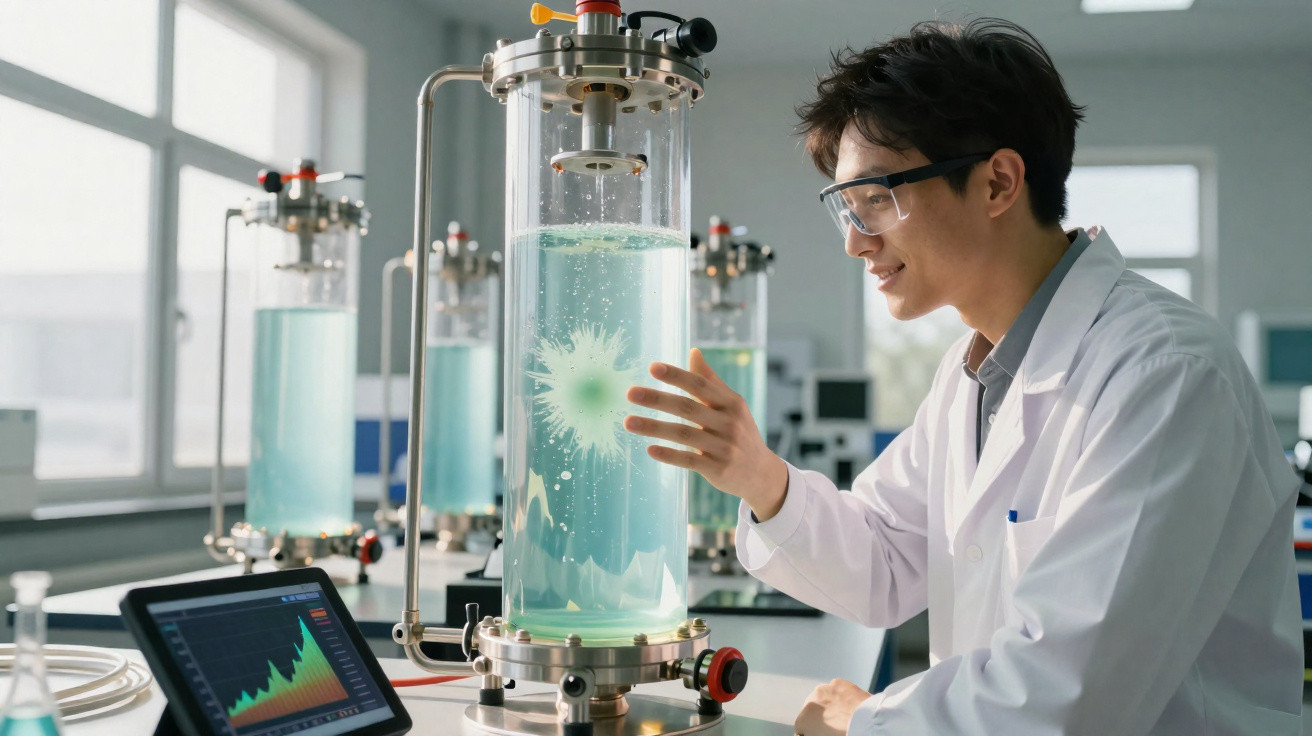 Pesquisador em jaleco e óculos de proteção observa experimento com líquido azul em laboratório moderno.