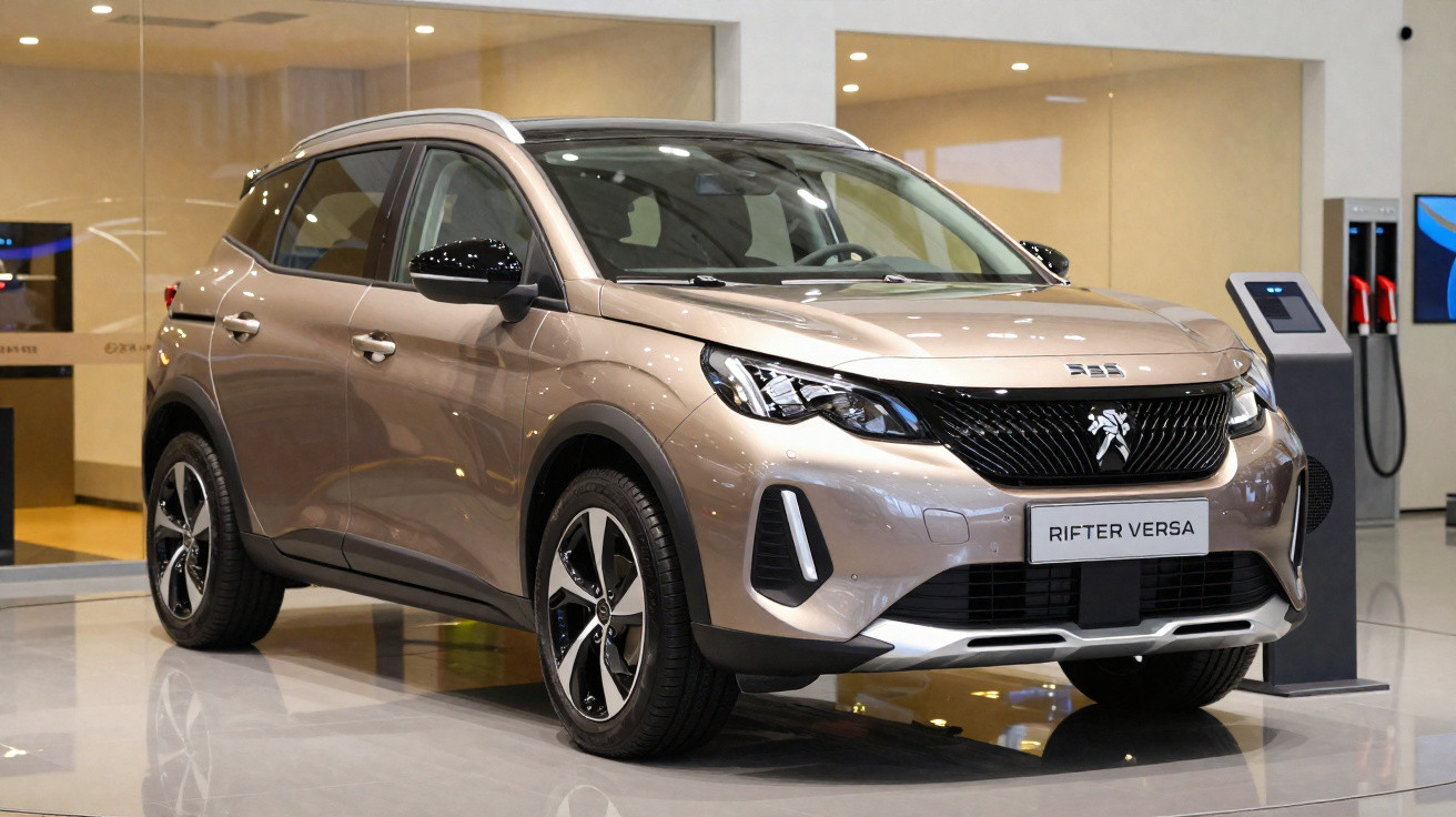 Carro SUV prata Peugeot Rifter Versa exposto em showroom moderno com iluminação interna.