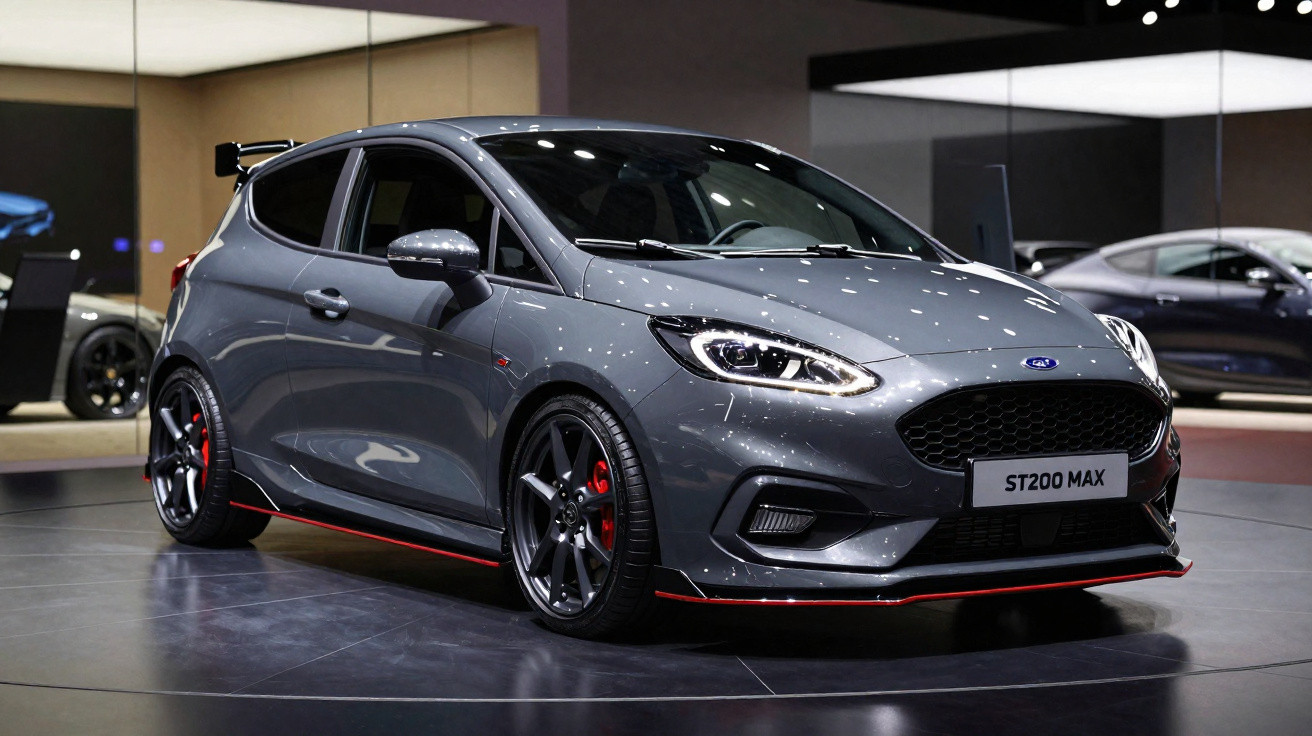 Carro esportivo cinza Ford ST200 MAX em exposição, com rodas pretas e detalhes vermelhos no para-choque.