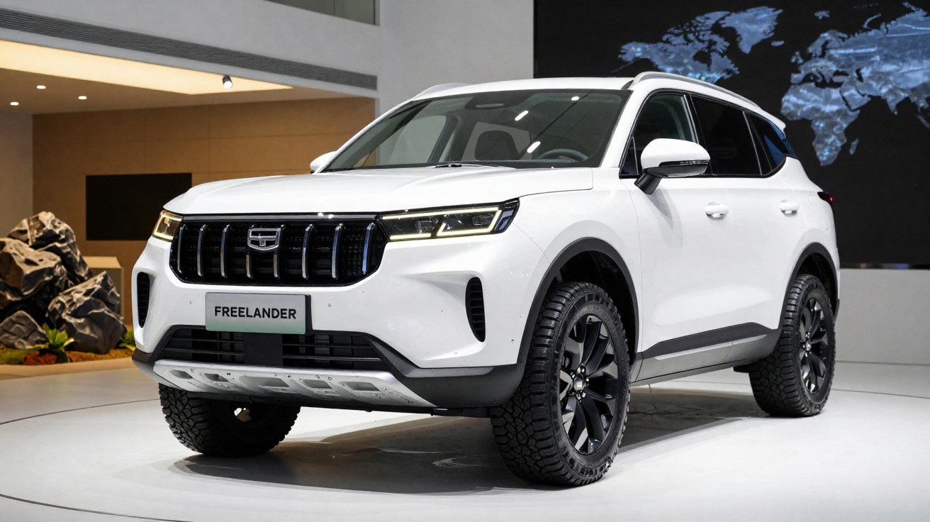 SUV branco modelo Freelander exposto em ambiente interno moderno com painel de mapa mundial ao fundo.