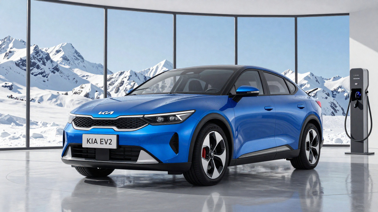 Carro elétrico azul Kia EV2 estacionado em área interna com paisagem de montanhas nevadas ao fundo.