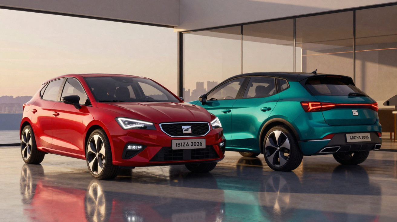 Dois carros novos SEAT 2026, modelo Ibiza vermelho e Arona verde, em ambiente interno com grandes janelas.
