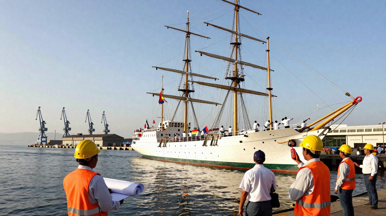 Navio veleiro branco atracado, tripulação alinhada no convés, e trabalhadores com colete laranja e capacete observando no cai