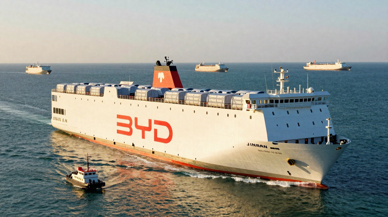 Navio cargueiro branco com a inscrição BYD navegando no mar durante o dia, com outras embarcações ao fundo.