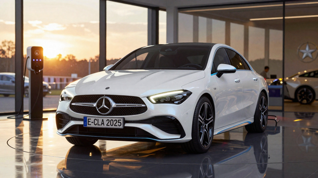 Carro elétrico Mercedes-Benz branco estacionado em showroom moderno com carregador próximo.