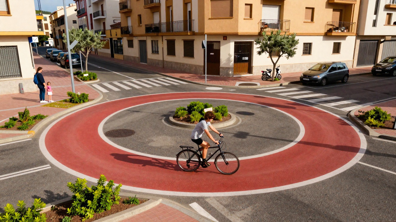 Homem pedalando bicicleta em ciclofaixa ao redor de rotatória com plantas e prédios urbanos ao fundo.