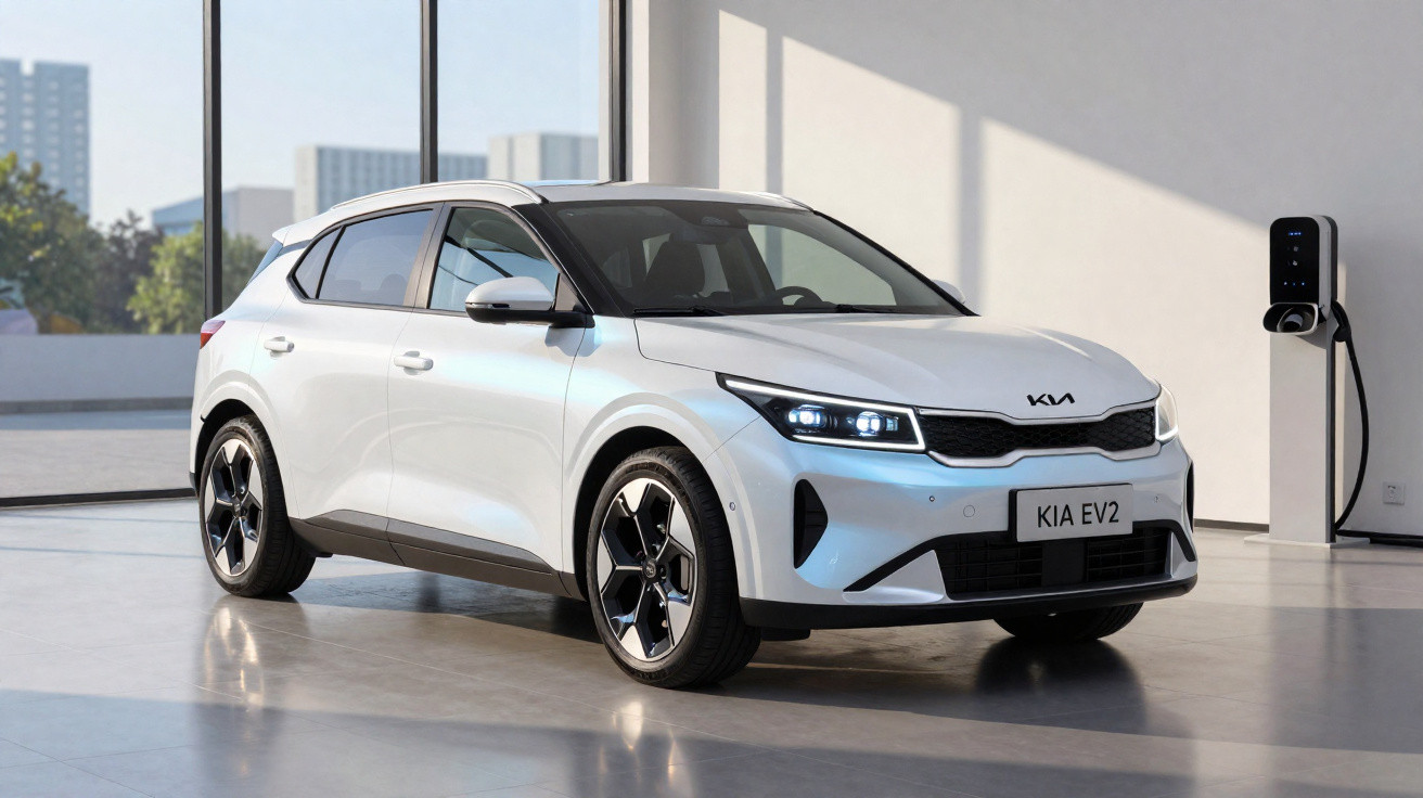 Carro elétrico branco Kia EV2 estacionado em ambiente interno com estação de carregamento ao fundo.