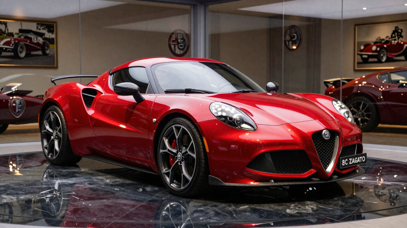 Carro esportivo vermelho Alfa Romeo 4C estacionado em showroom com piso de mármore e paredes espelhadas.