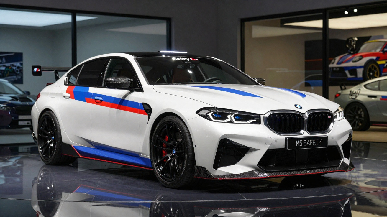 Carro BMW M5 Safety branco com detalhes em azul, vermelho e preto exibido em salão de automóveis.