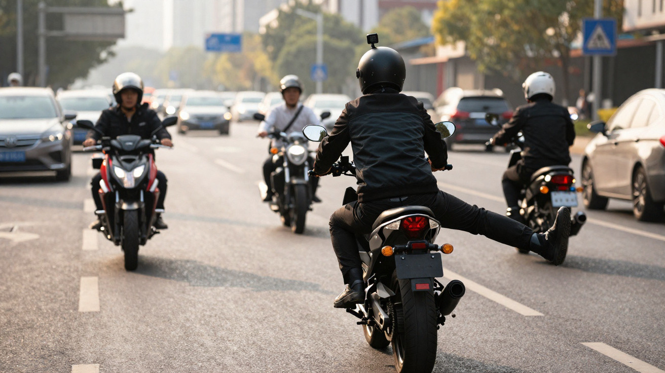 Motociclistas usando capacetes andam juntos em rua movimentada de cidade com carros ao redor.