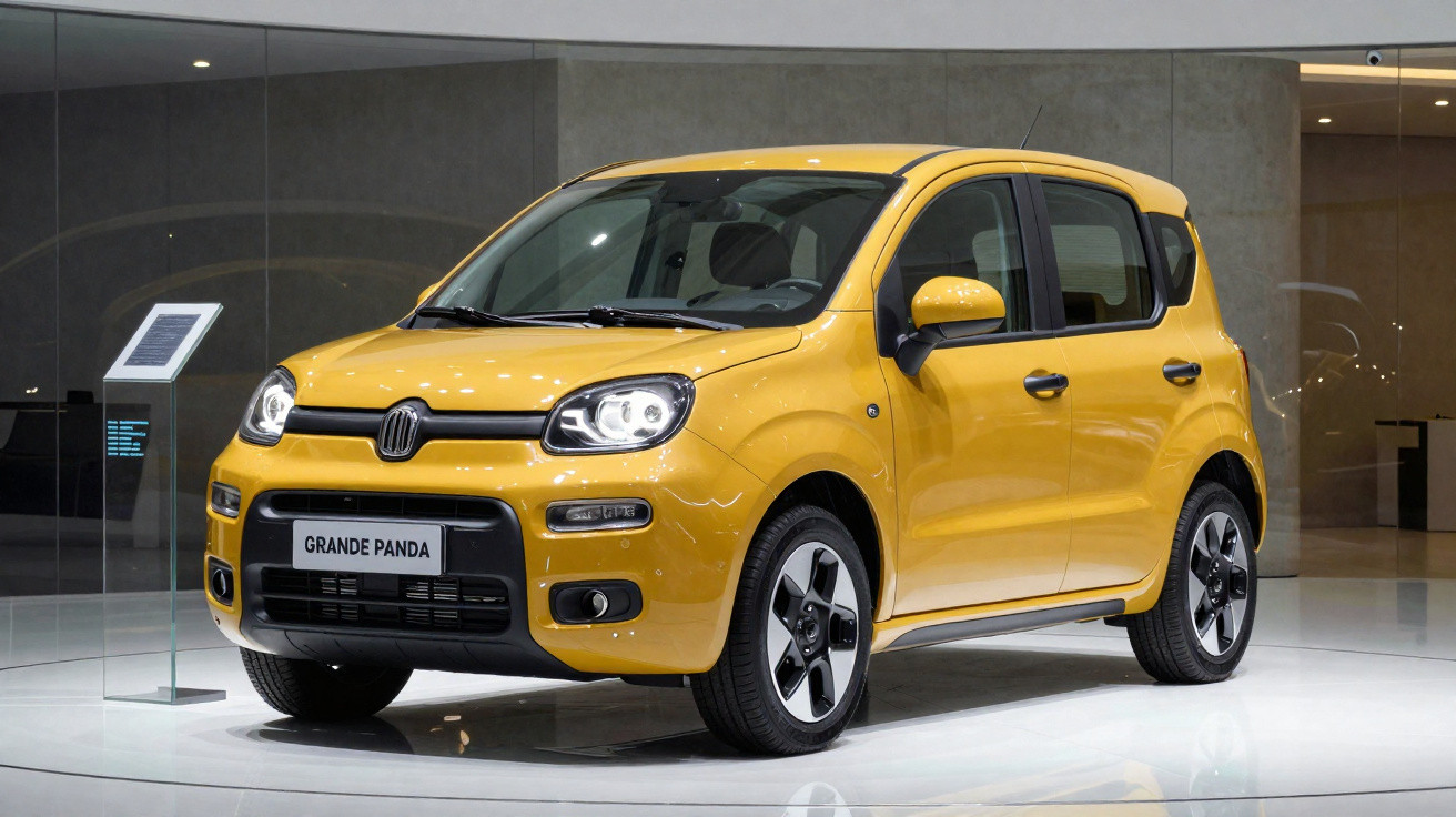 Carro Fiat Grande Panda amarelo exposto em ambiente moderno com piso branco e paredes de vidro.