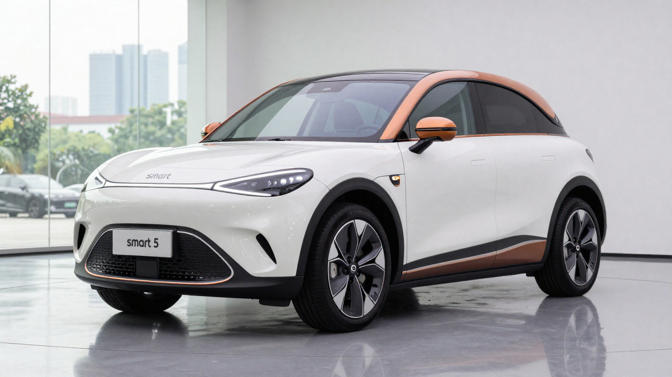 Carro elétrico Smart 5 branco com detalhes laranja em showroom moderno e iluminado.