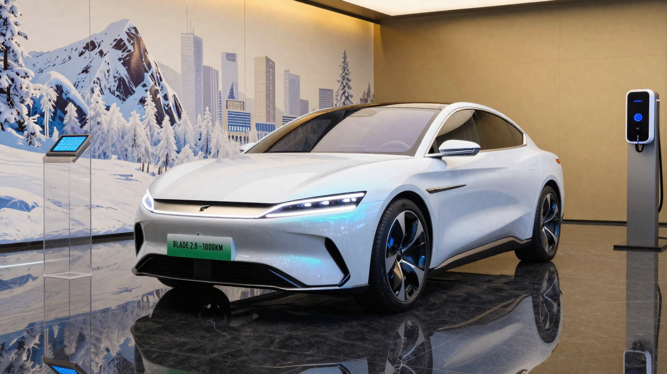 Carro elétrico branco estacionado próximo a um carregador, com fundo de montanhas nevadas e cidade ao longe.