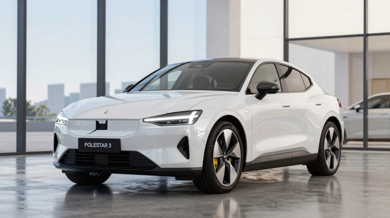 Carro elétrico Polestar 3 branco em ambiente interno com grandes janelas e vista urbana ao fundo.