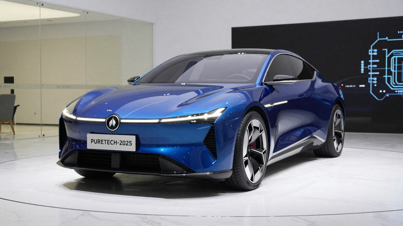 Carro conceito elétrico azul metálico PureTech-2025 em exposição com design futurista e faróis LED finos.
