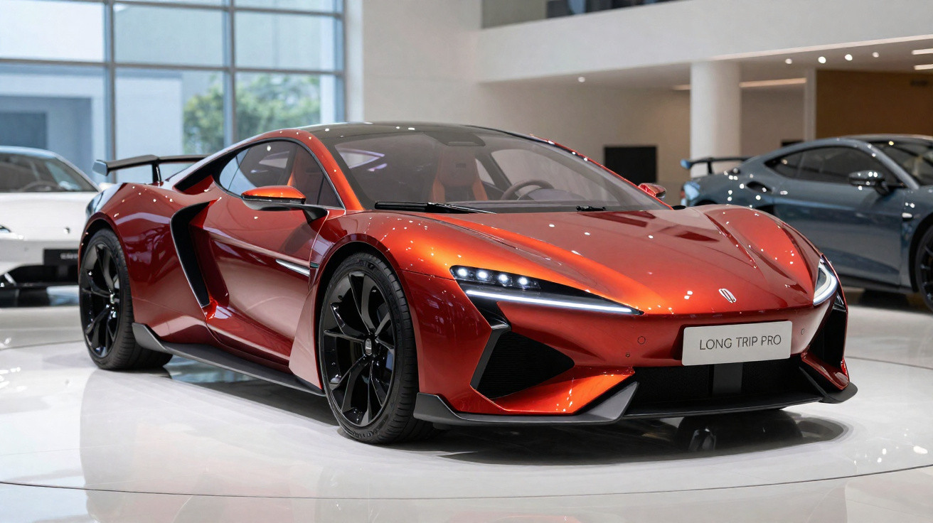 Carro esportivo vermelho com design moderno e aerodinâmico em exposição interna, modelo Long Trip Pro.