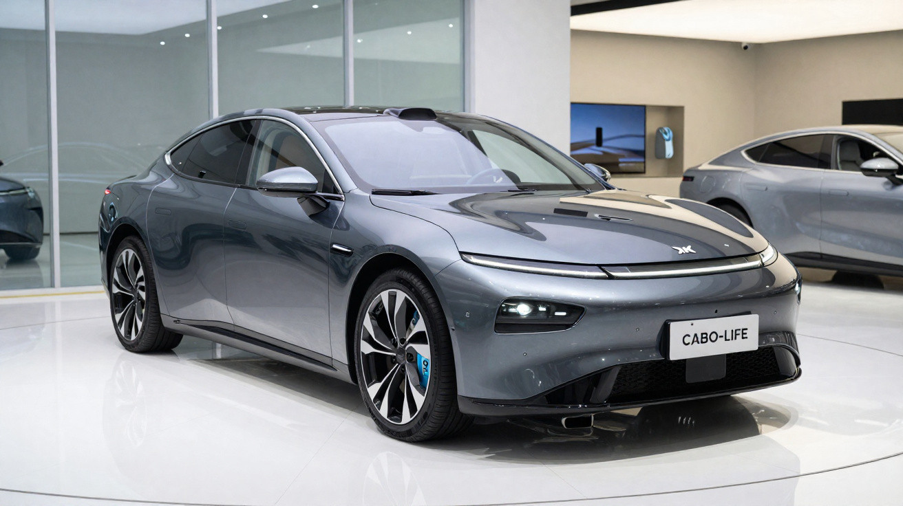 Carro elétrico cinza escuro com design aerodinâmico em exposição interna moderna.