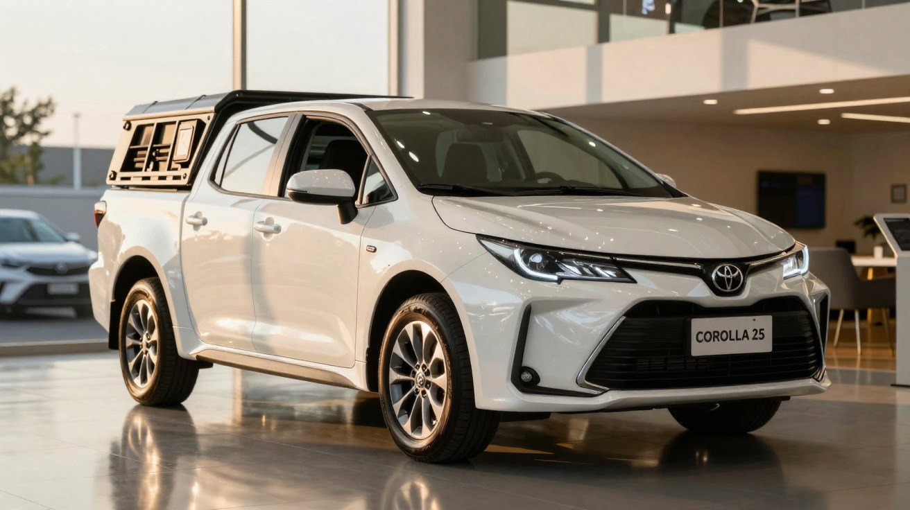 Picape Toyota Corolla 2.5 branca estacionada em showroom moderno e iluminado.