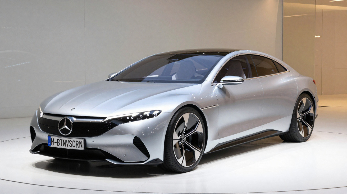 Carro elétrico Mercedes-Benz prata estacionado em ambiente interno, design moderno e aerodinâmico.
