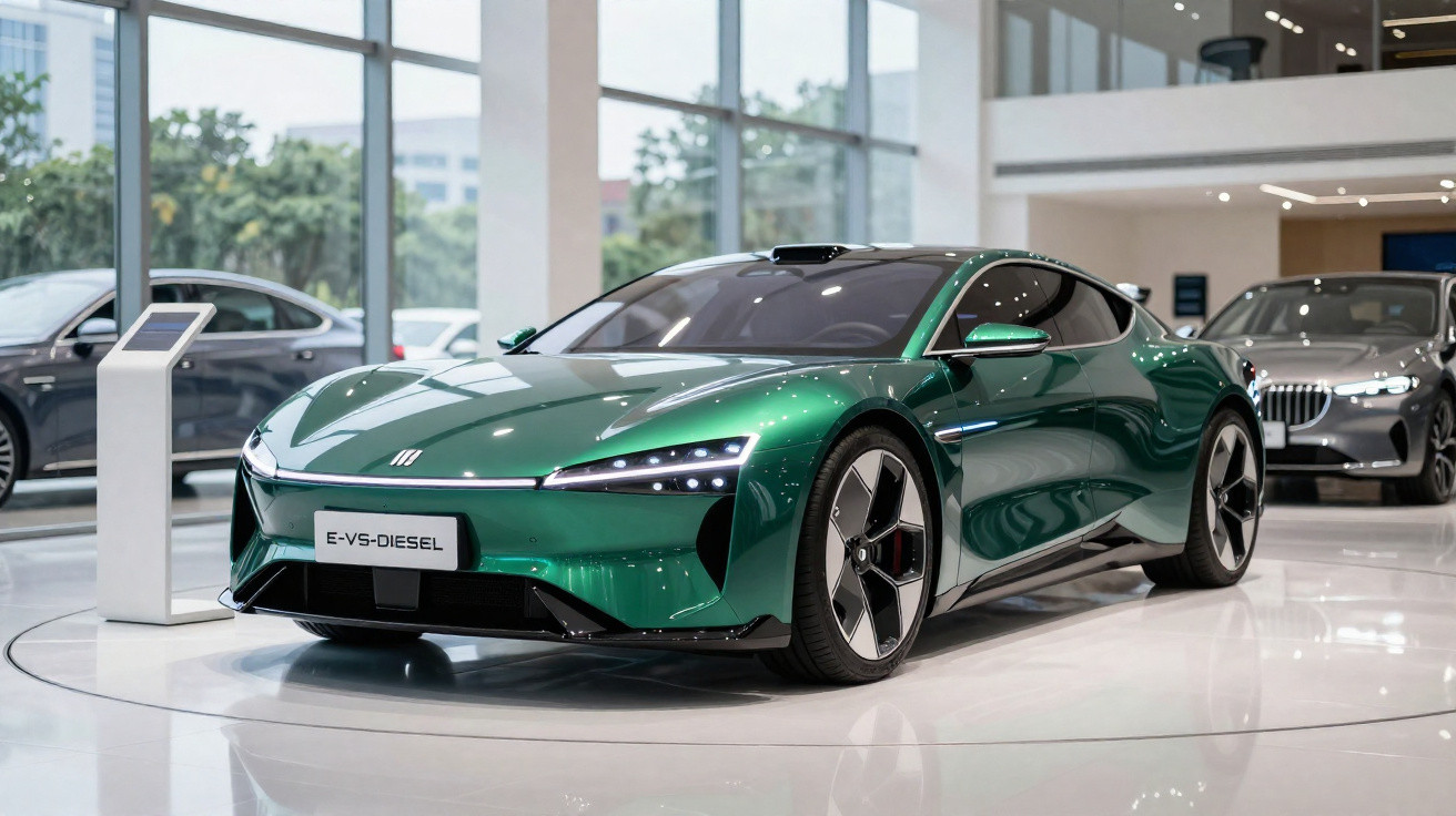 Carro elétrico verde metálico E-VS-Diesel em exposição moderna com design aerodinâmico e futurista.