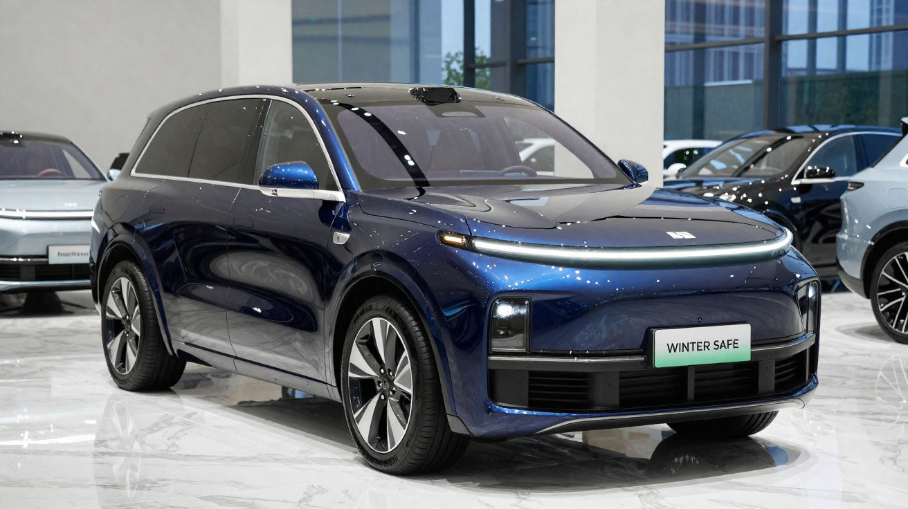 SUV elétrico azul escuro em exibição dentro de showroom moderno com piso branco brilhante.