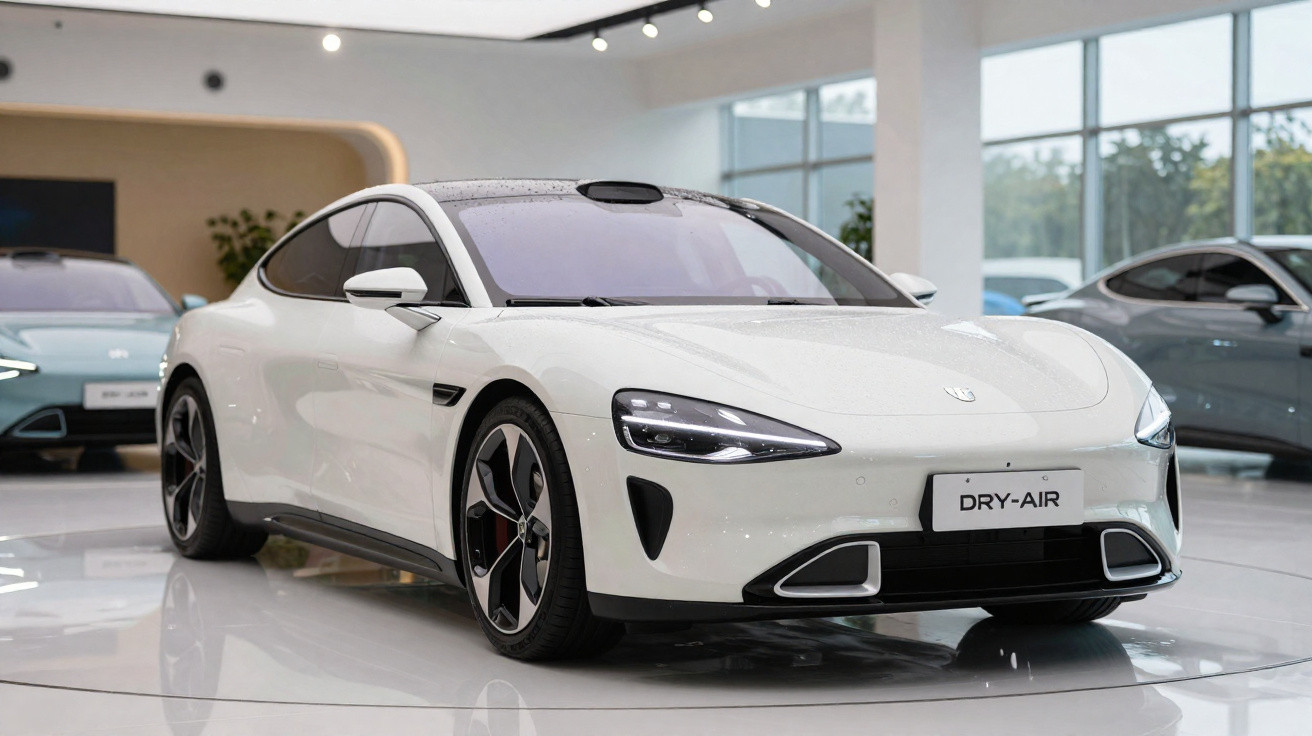 Carro elétrico branco DRY-AIR em exposição, com design aerodinâmico e rodas esportivas.