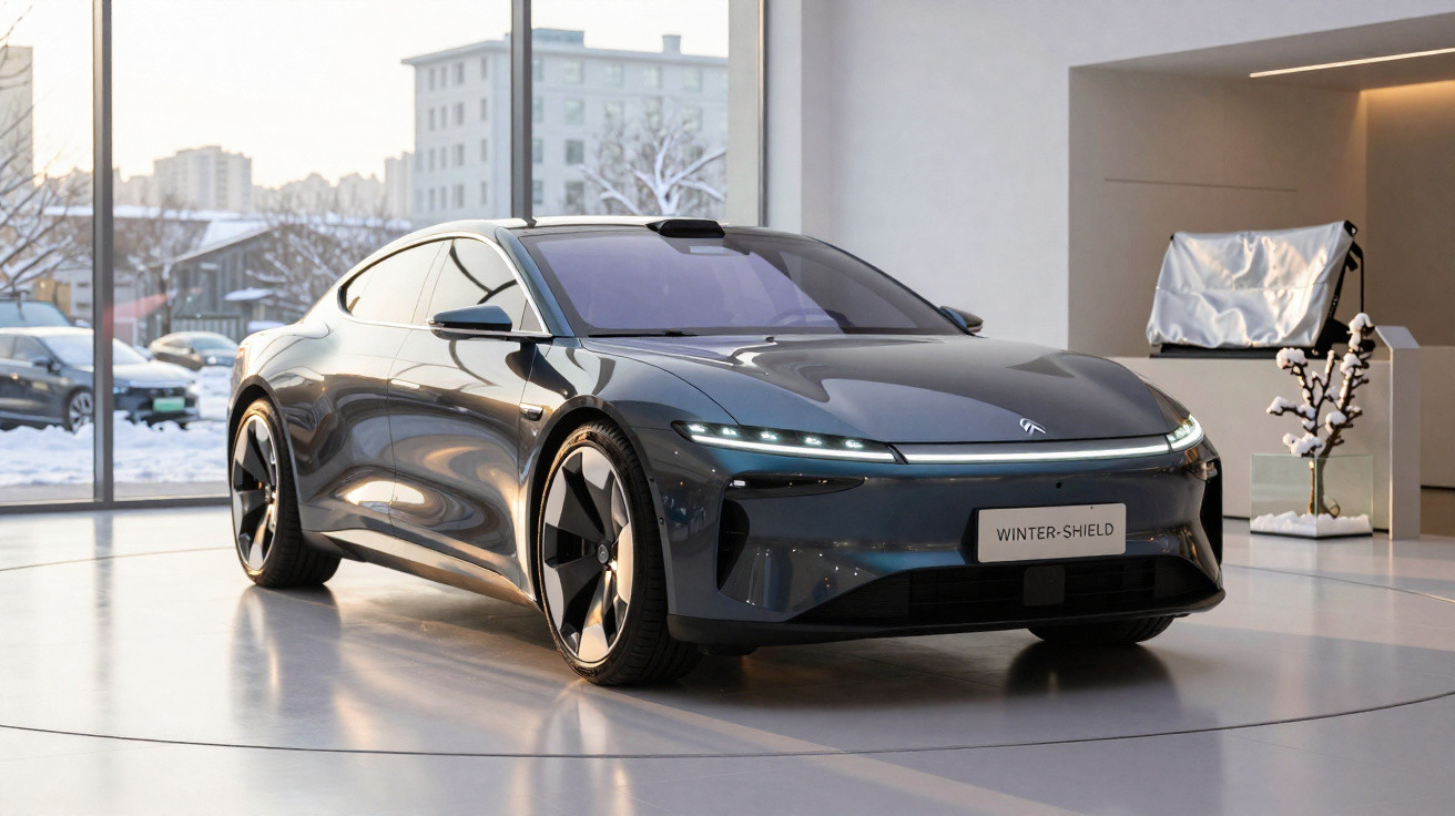 Carro elétrico cinza-escuro futurista exibido em showroom com janelas amplas e vista urbana ao fundo.