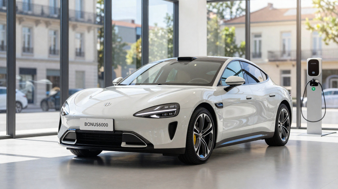 Carro elétrico branco estacionado dentro de showroom moderno com estação de recarga na parede.