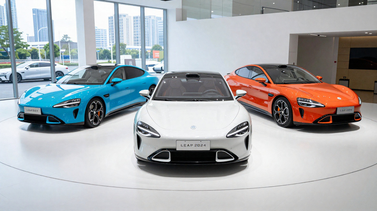 Três carros esportivos elétricos LEAP 2024 em branco, azul e laranja em exposição interna moderna.