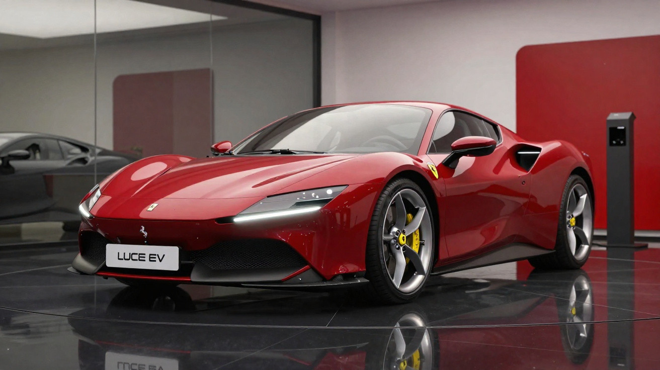 Carro esportivo Ferrari Luce EV vermelho em exposição em ambiente interno moderno e iluminado.