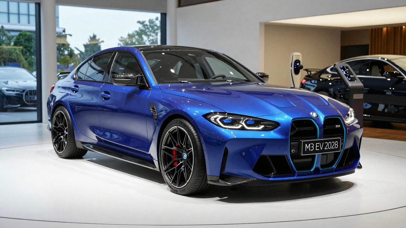 Carro esportivo BMW azul exibido em showroom com design moderno e faróis acesos.