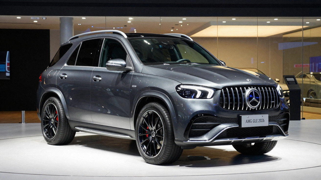 SUV Mercedes-Benz AMG GLE 2026 cinza exposto em salão automotivo com iluminação refletida no capô.