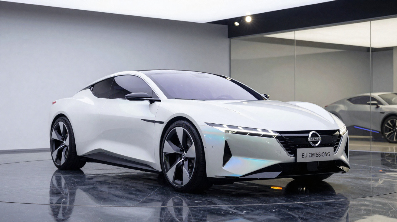 Carro elétrico esportivo branco Nissan em ambiente interno com piso de mármore e parede espelhada.