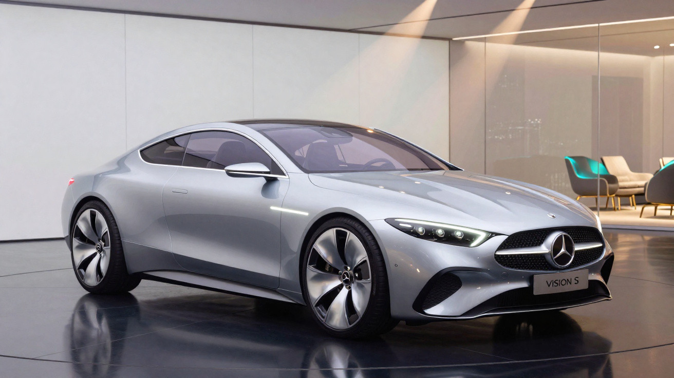 Carro esportivo Mercedes-Benz Vision S prata estacionado em ambiente moderno e iluminado.