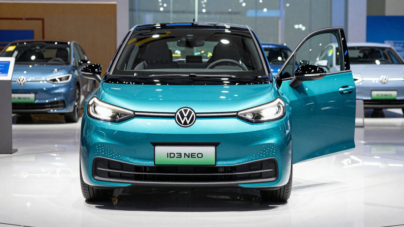 Carro elétrico Volkswagen ID.3 NEO azul em exposição em salão automotivo.
