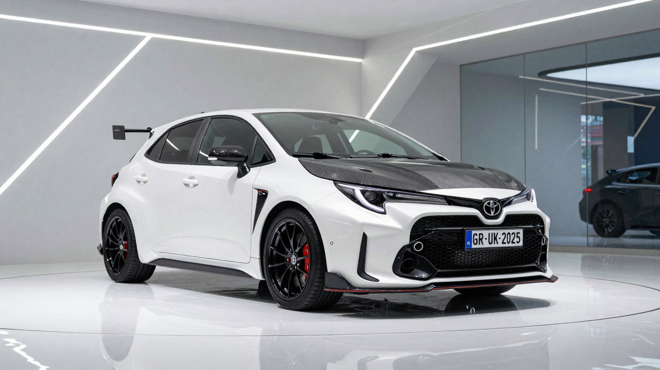 Carro hatchback esportivo branco com capô preto e rodas pretas em ambiente interno moderno e minimalista.