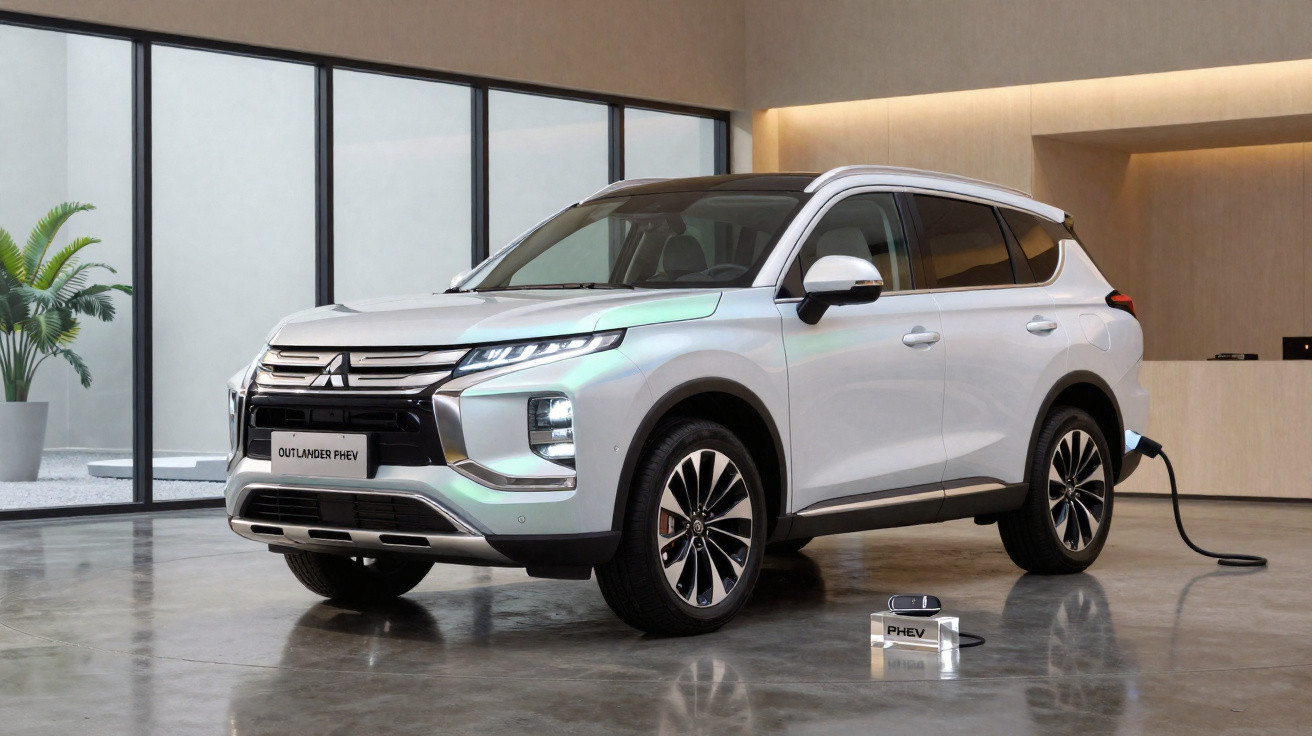 SUV branco Mitsubishi Outlander PHEV carregando em ambiente interno com piso refletivo.