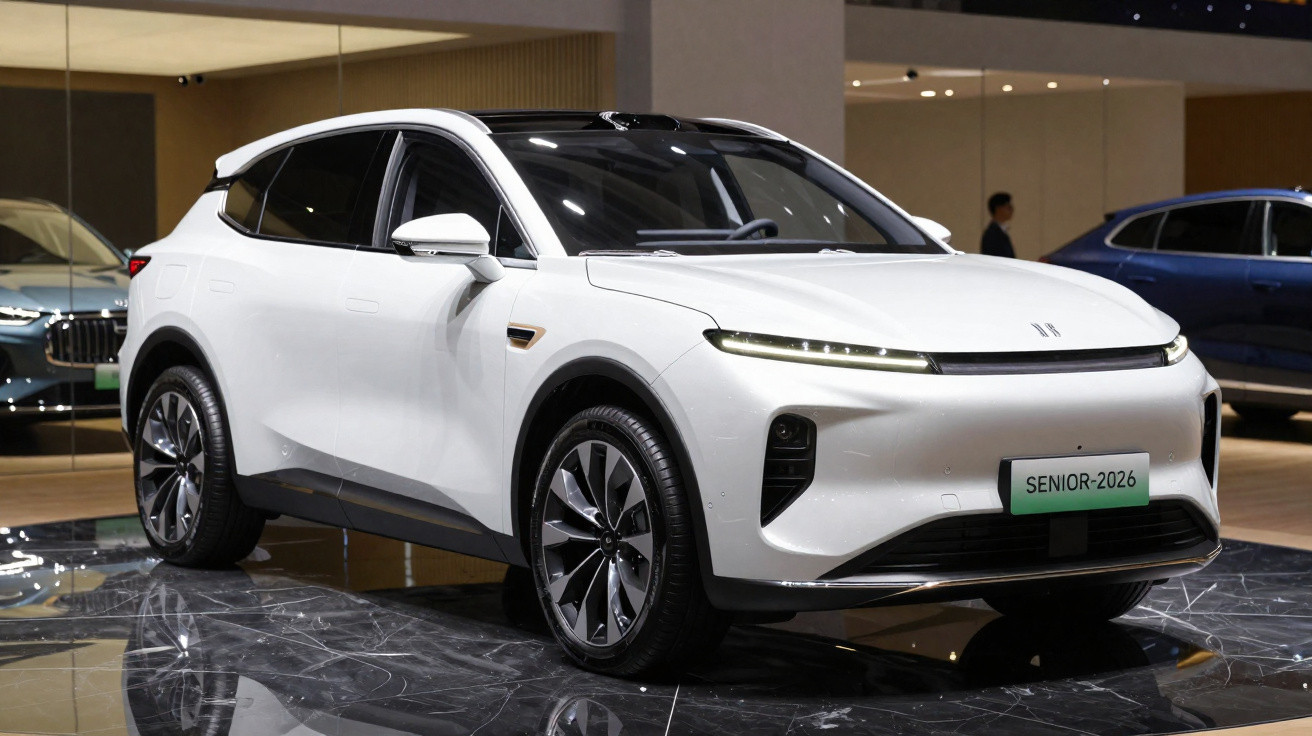 Carro SUV branco elétrico moderno exibido em salão automotivo com acabamento preto e detalhes aerodinâmicos.