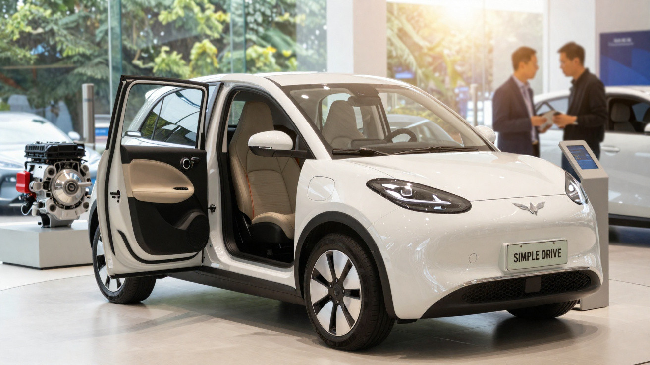 Carro elétrico branco com porta dianteira aberta em exposição dentro de showroom moderno.