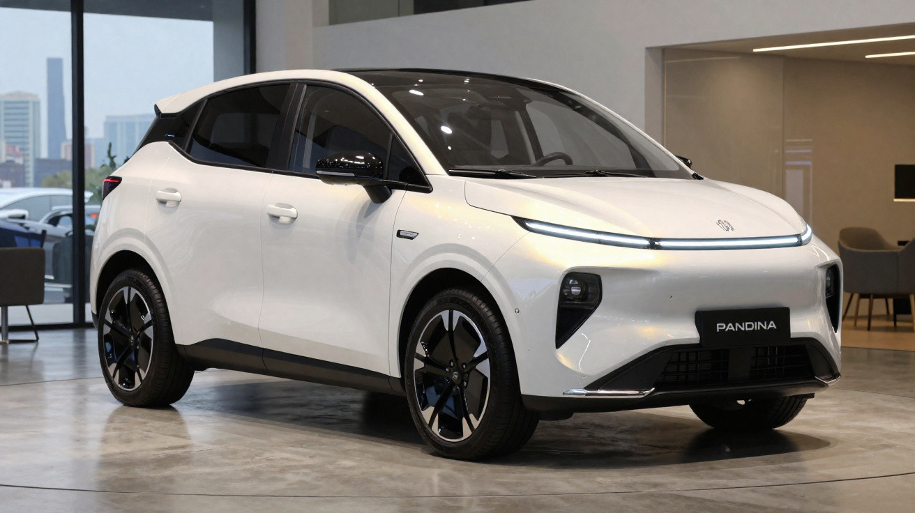 Carro elétrico branco modelo Pandina estacionado em piso de concreto dentro de showroom moderno.