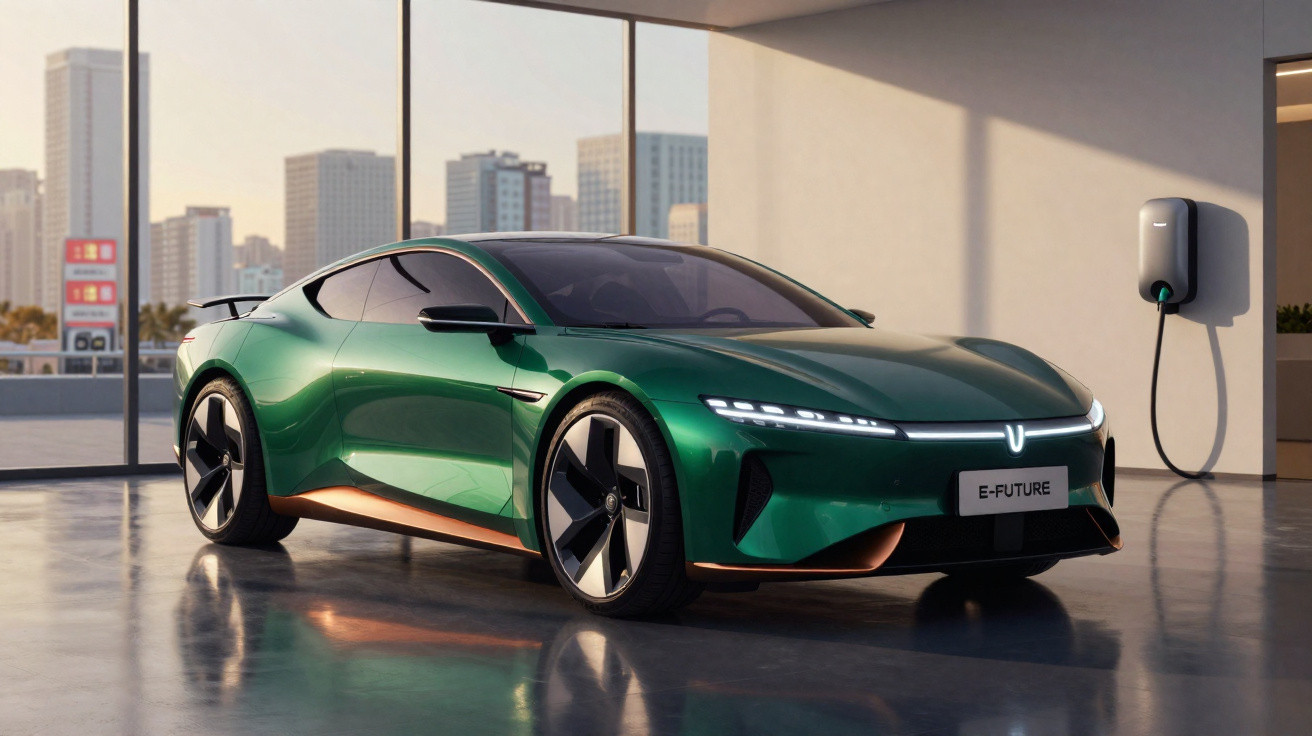 Carro elétrico verde metálico modelo esportivo estacionado em garagem com carregador na parede.