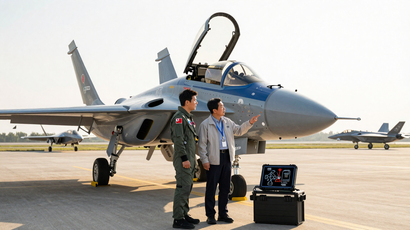 Dois militares ao lado de caça militar em pista de aeroporto, com equipamento eletrônico aberto ao lado.